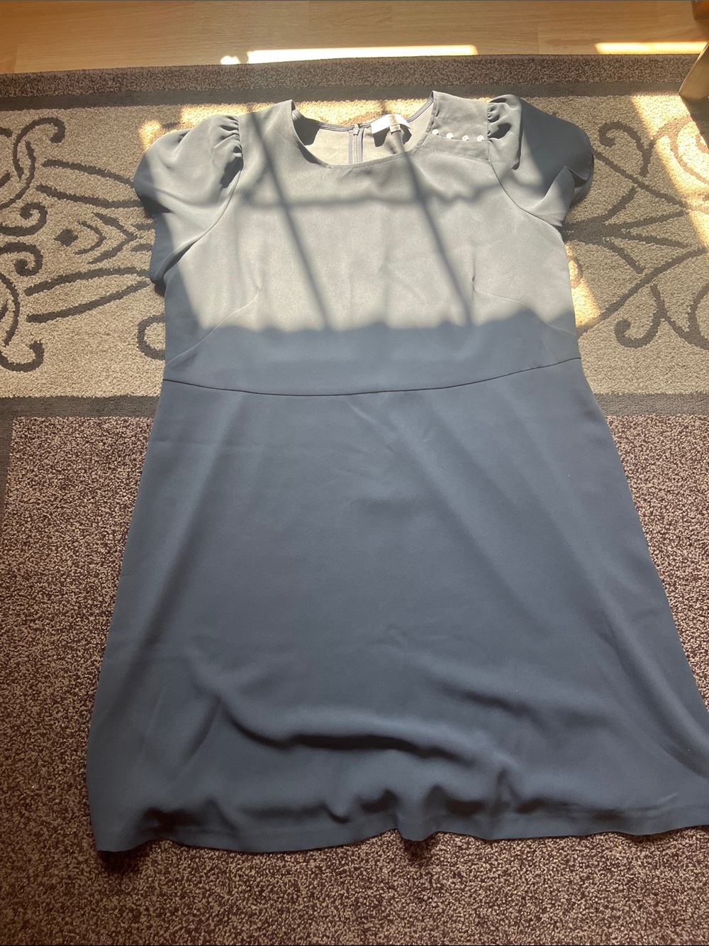 LOFT Slate Blue Puff Sleeve Shift Dress with Pearl Accent